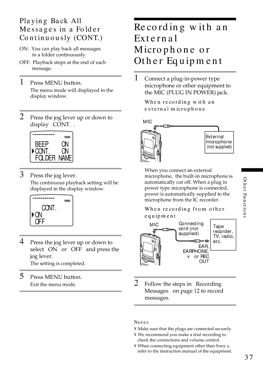 Sony ICD-MS1 Recording with an External Microphone or Other Equipment, Playing Back All Messages in a Folder Continuously 