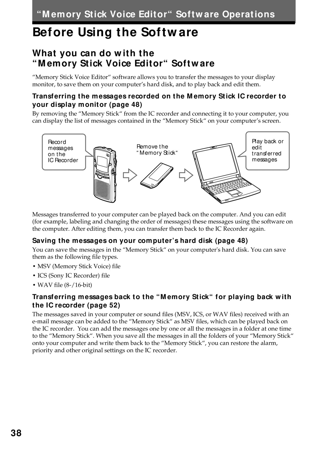 Sony ICD-MS1 operating instructions Before Using the Software, What you can do with Memory Stick Voice Editor Software 