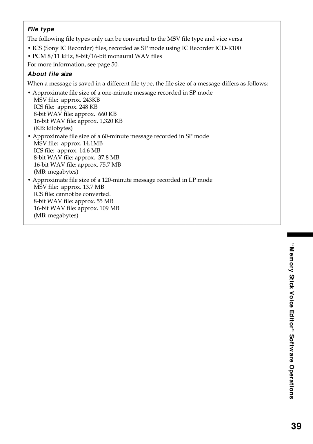 Sony ICD-MS1 operating instructions File type, About file size, Memory Stick Voice Editor Software Operations 