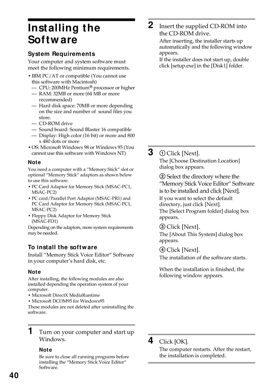 Sony ICD-MS1 operating instructions Installing Software, System Requirements, To install the software 