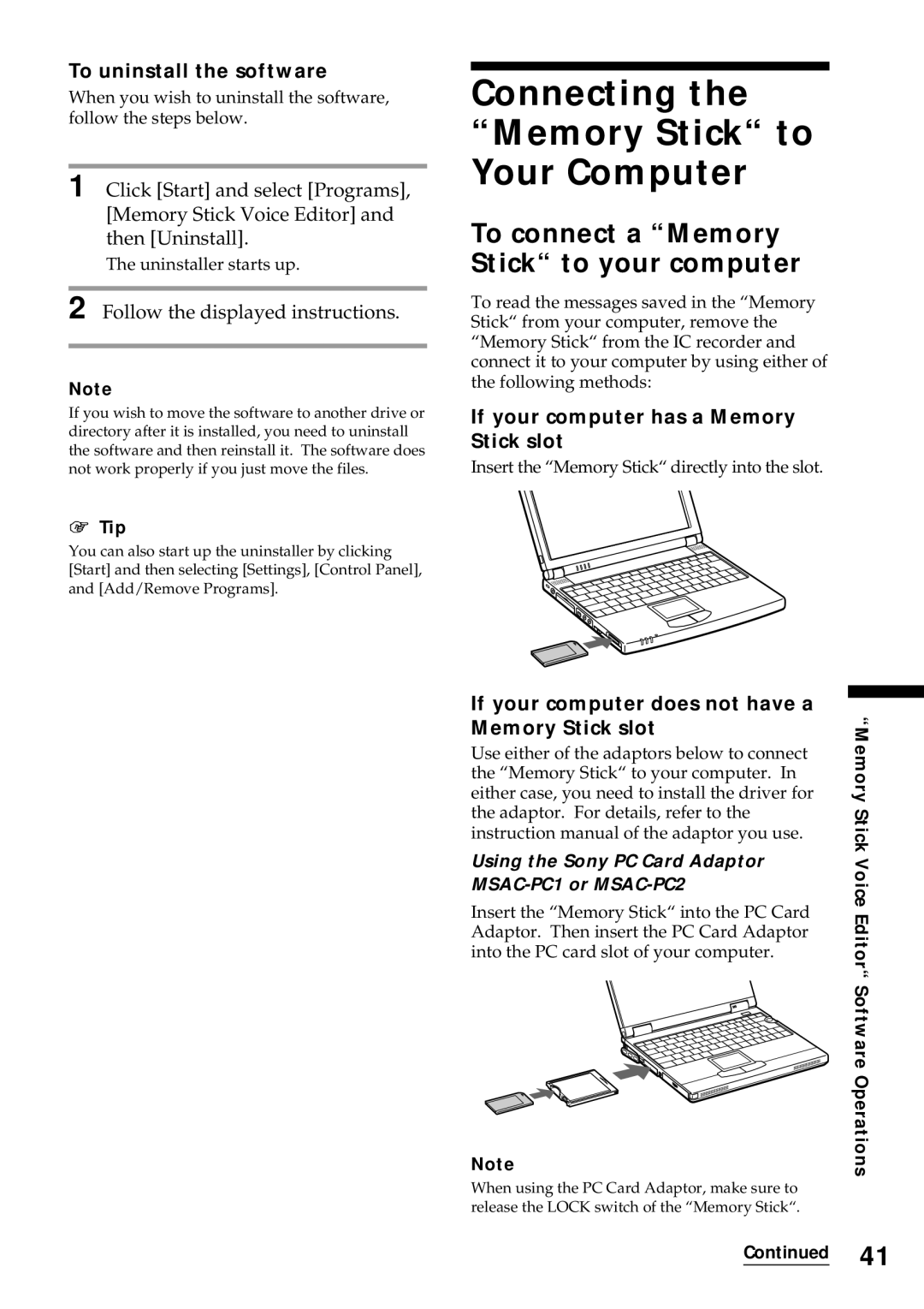 Sony ICD-MS1 Connecting the Memory Stick to Your Computer, To connect a Memory Stick to your computer 