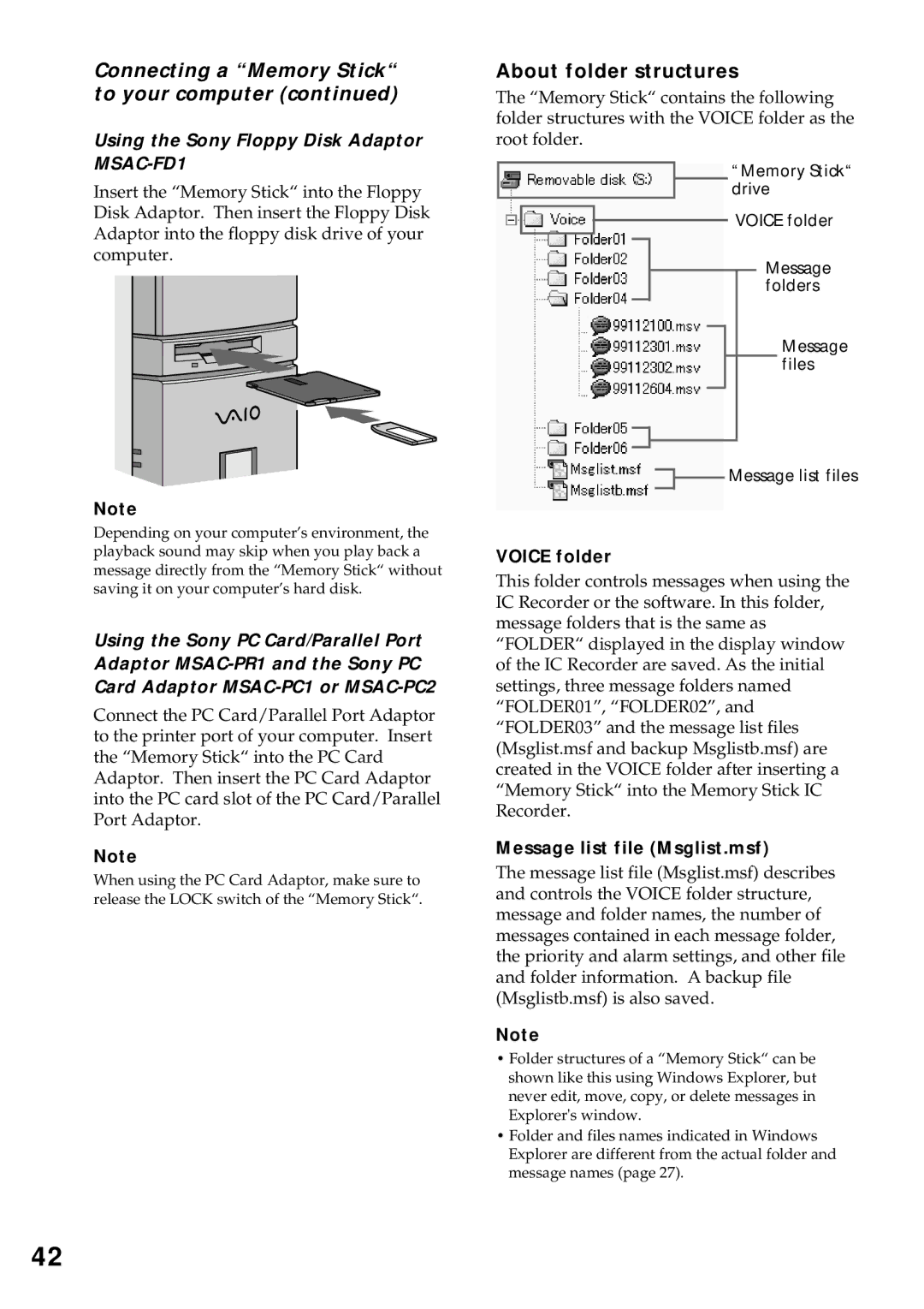 Sony ICD-MS1 operating instructions About folder structures, Using the Sony Floppy Disk Adaptor MSAC-FD1, Voice folder 