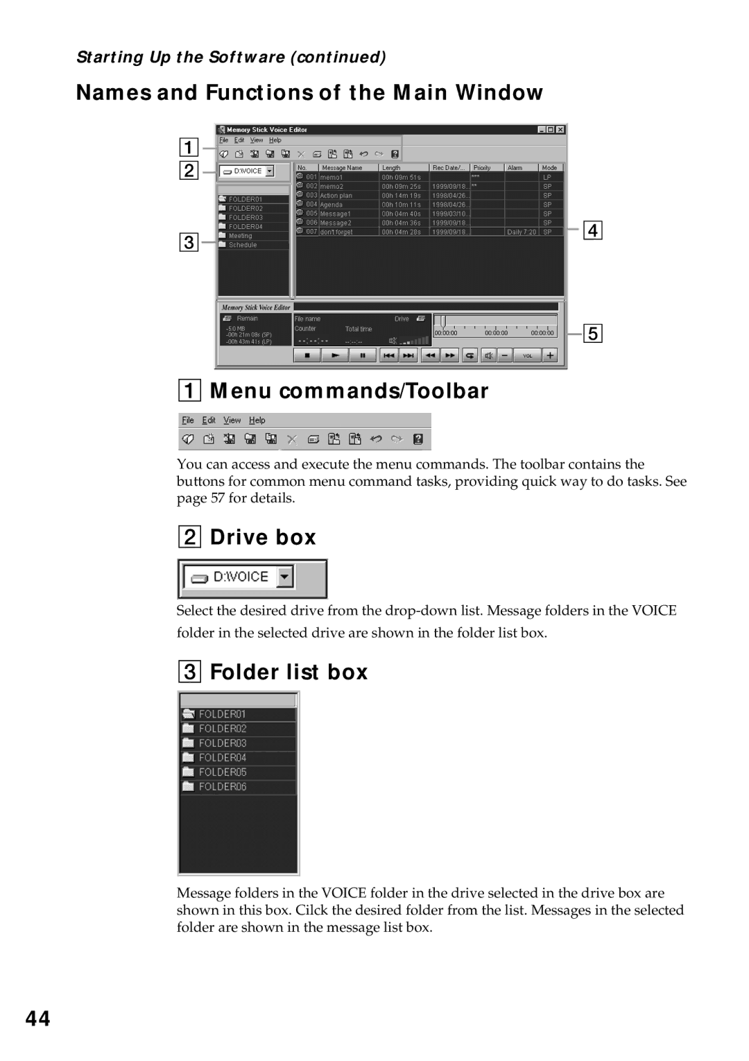 Sony ICD-MS1 operating instructions Drive box, Folder list box 