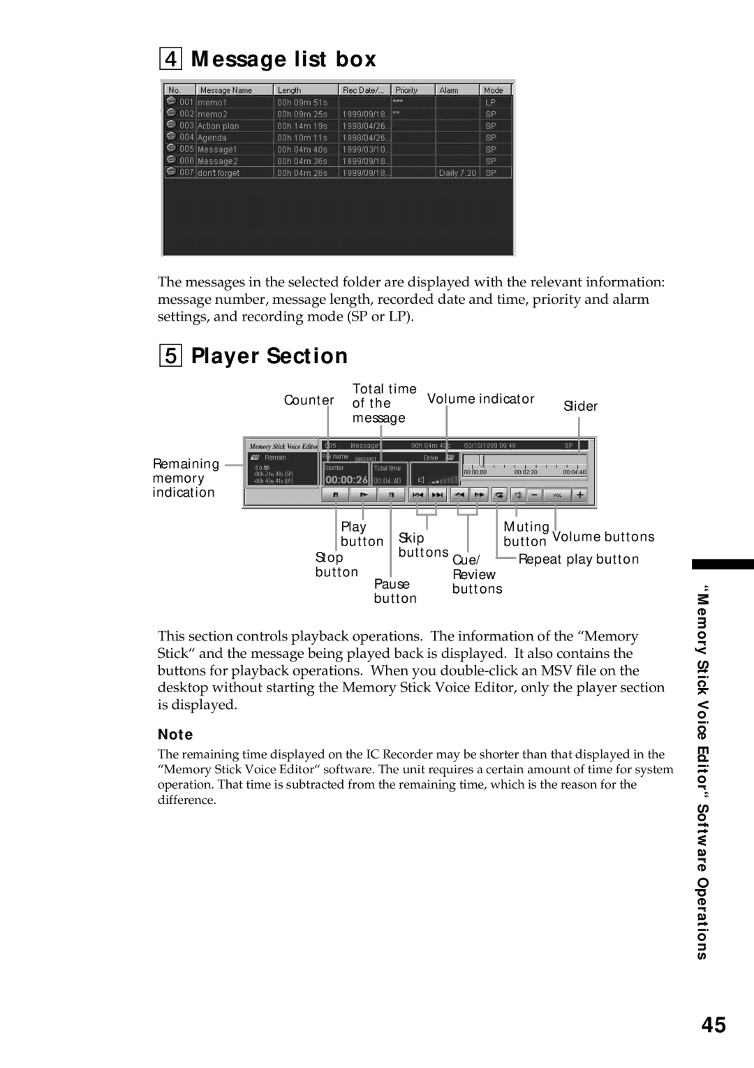 Sony ICD-MS1 operating instructions Message list box, Player Section 