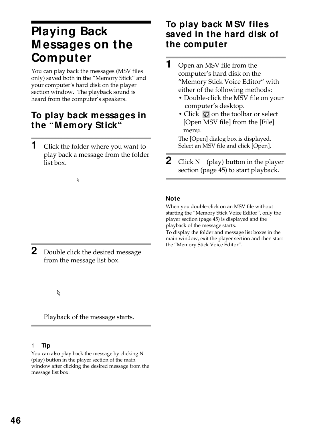 Sony ICD-MS1 operating instructions Playing Back Messages on the Computer, To play back messages in the Memory Stick 