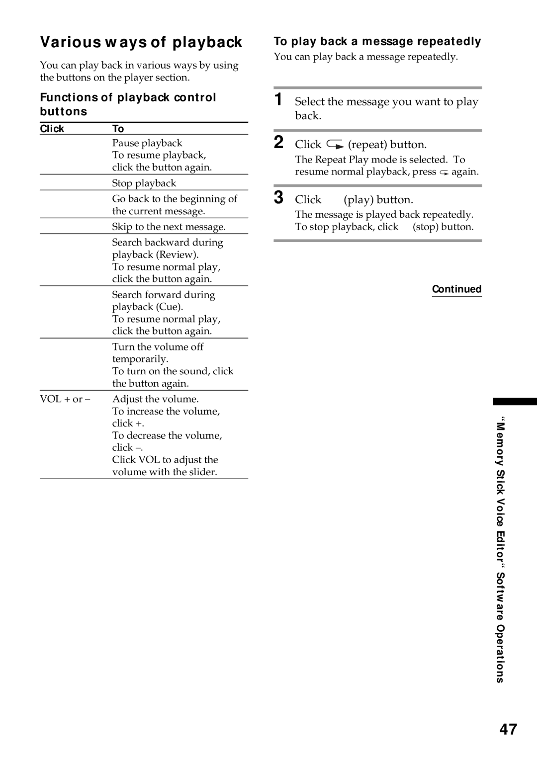 Sony ICD-MS1 Various ways of playback, Functions of playback control buttons, To play back a message repeatedly, Click To 