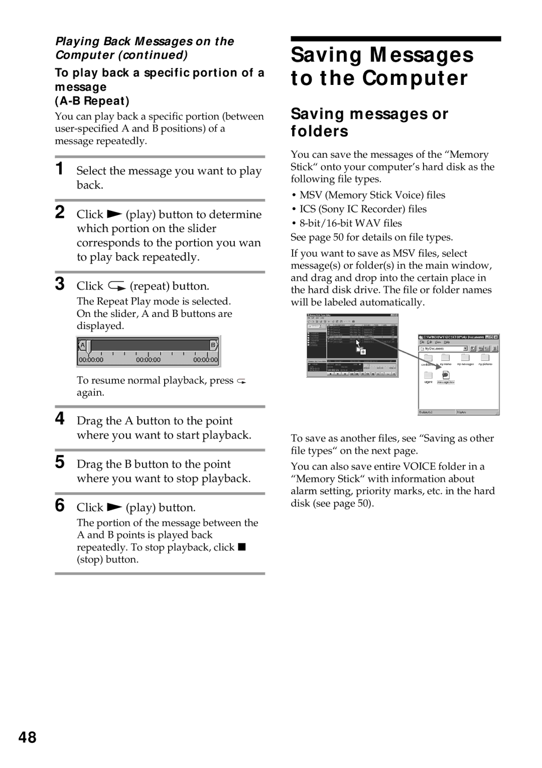 Sony ICD-MS1 operating instructions Saving Messages to the Computer, Saving messages or folders 