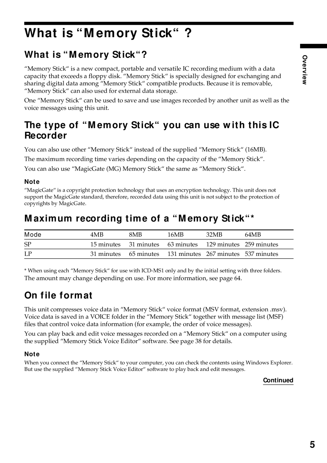 Sony ICD-MS1 What is Memory Stick ?, What is Memory Stick?, Type of Memory Stick you can use with this IC Recorder 