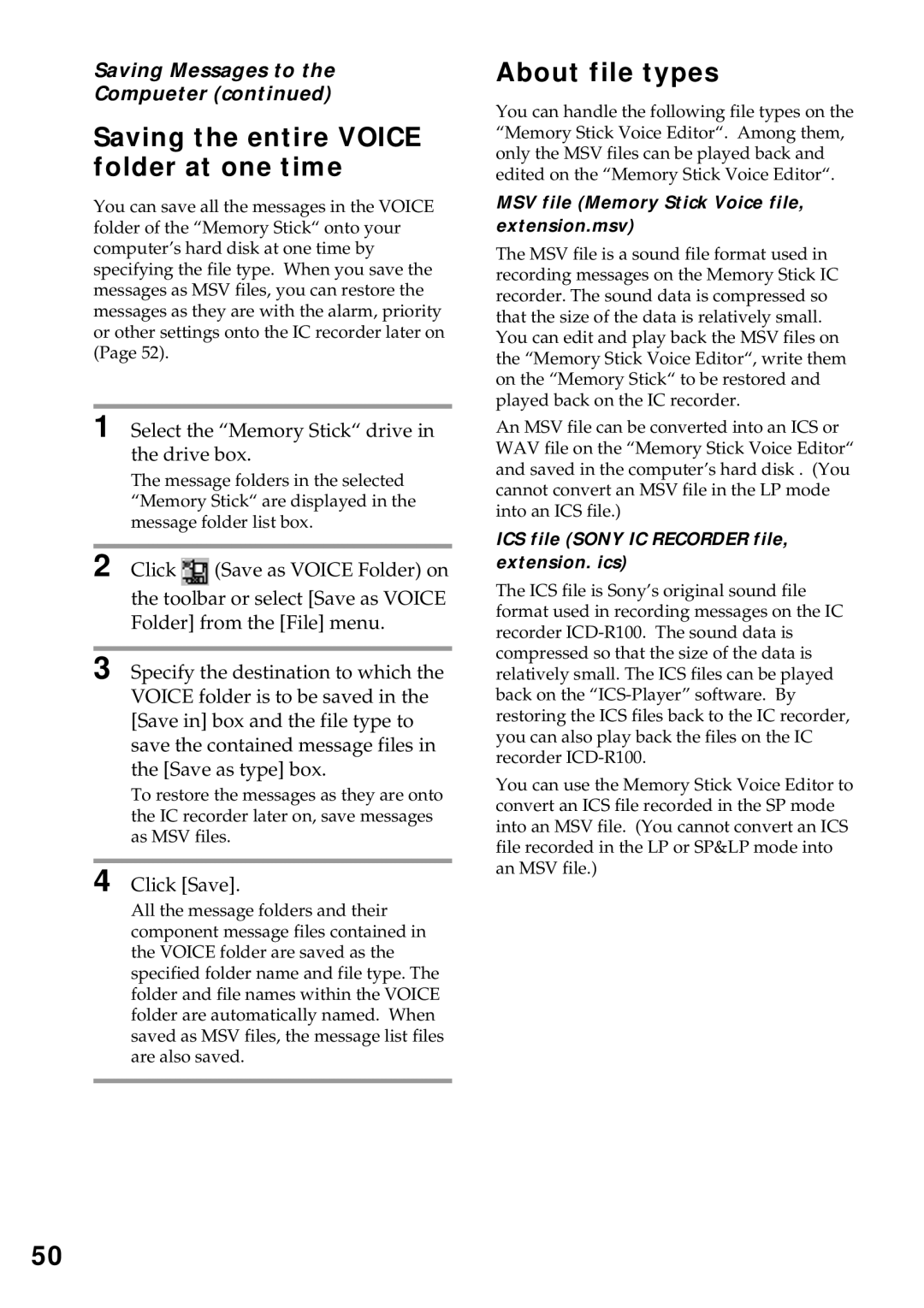 Sony ICD-MS1 Saving the entire Voice folder at one time, About file types, Select the Memory Stick drive in the drive box 