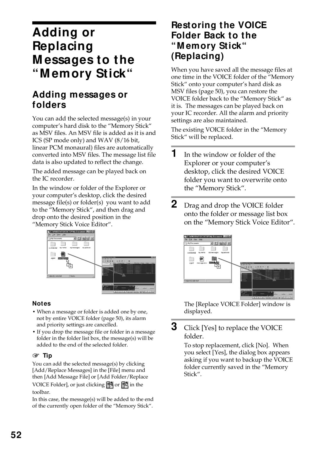 Sony ICD-MS1 operating instructions Adding or Replacing Messages to the Memory Stick, Adding messages or folders 