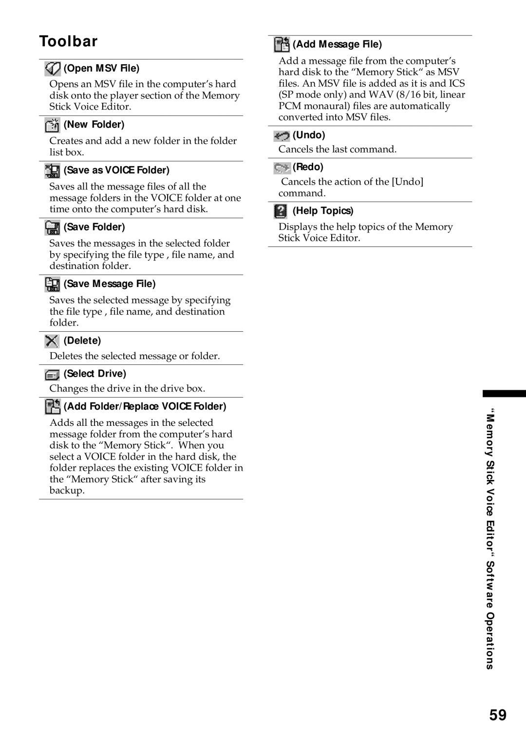 Sony ICD-MS1 operating instructions Toolbar, Delete 