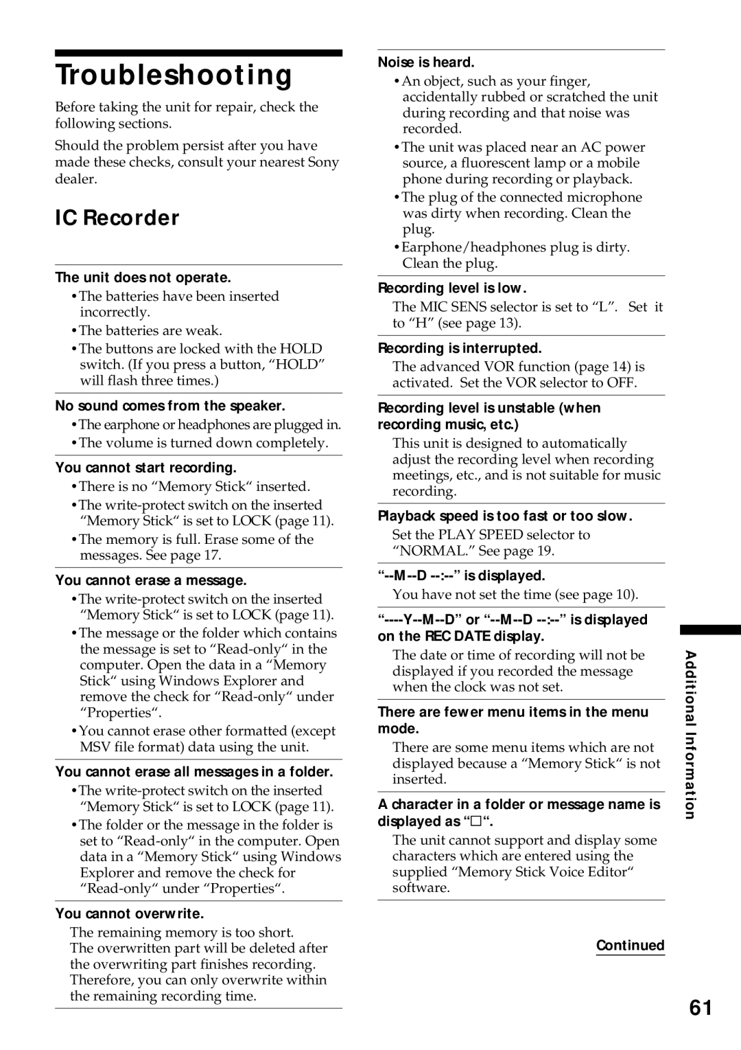 Sony ICD-MS1 operating instructions Troubleshooting, IC Recorder 