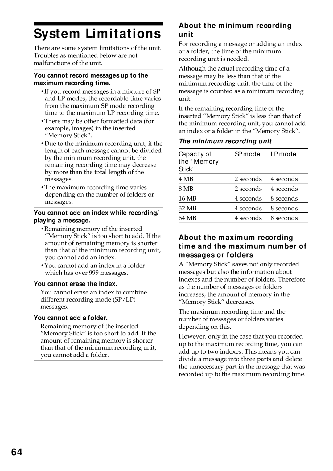 Sony ICD-MS1 operating instructions System Limitations, About the minimum recording unit, Minimum recording unit 