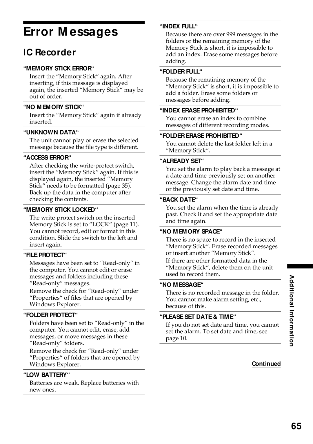 Sony ICD-MS1 operating instructions Error Messages, Memory Stick Error 