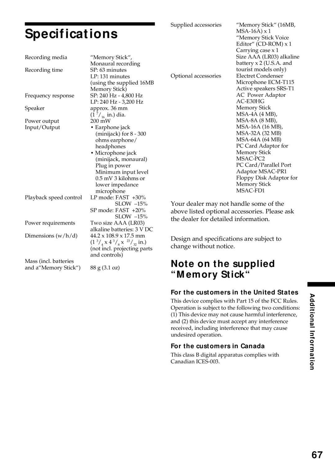 Sony ICD-MS1 operating instructions Specifications, For the customers in the United States, For the customers in Canada 