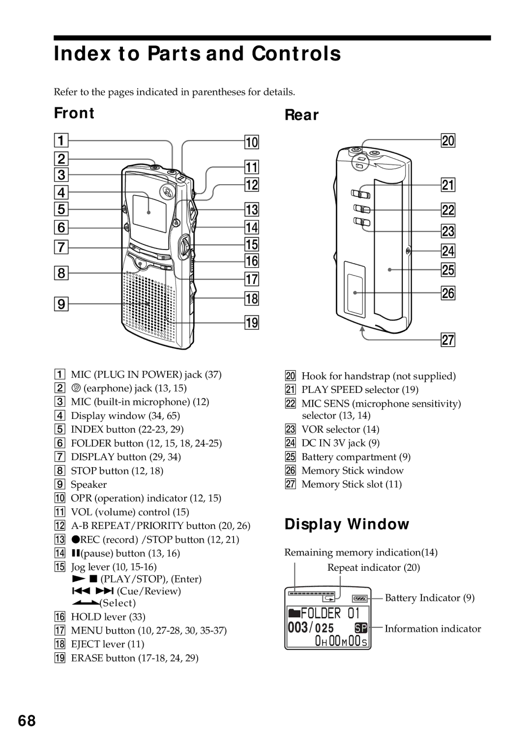 Sony ICD-MS1 operating instructions Index to Parts and Controls, FrontRear, Display Window 