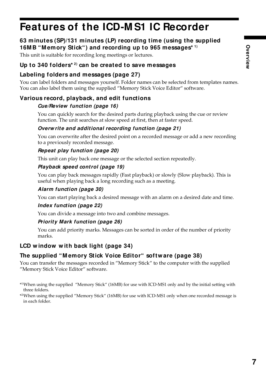 Sony operating instructions Features of the ICD-MS1 IC Recorder, Various record, playback, and edit functions 