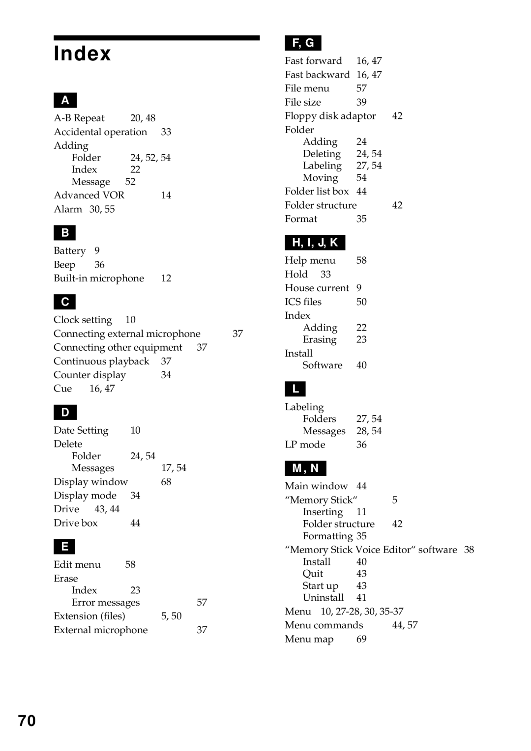 Sony ICD-MS1 operating instructions Index, J, K 