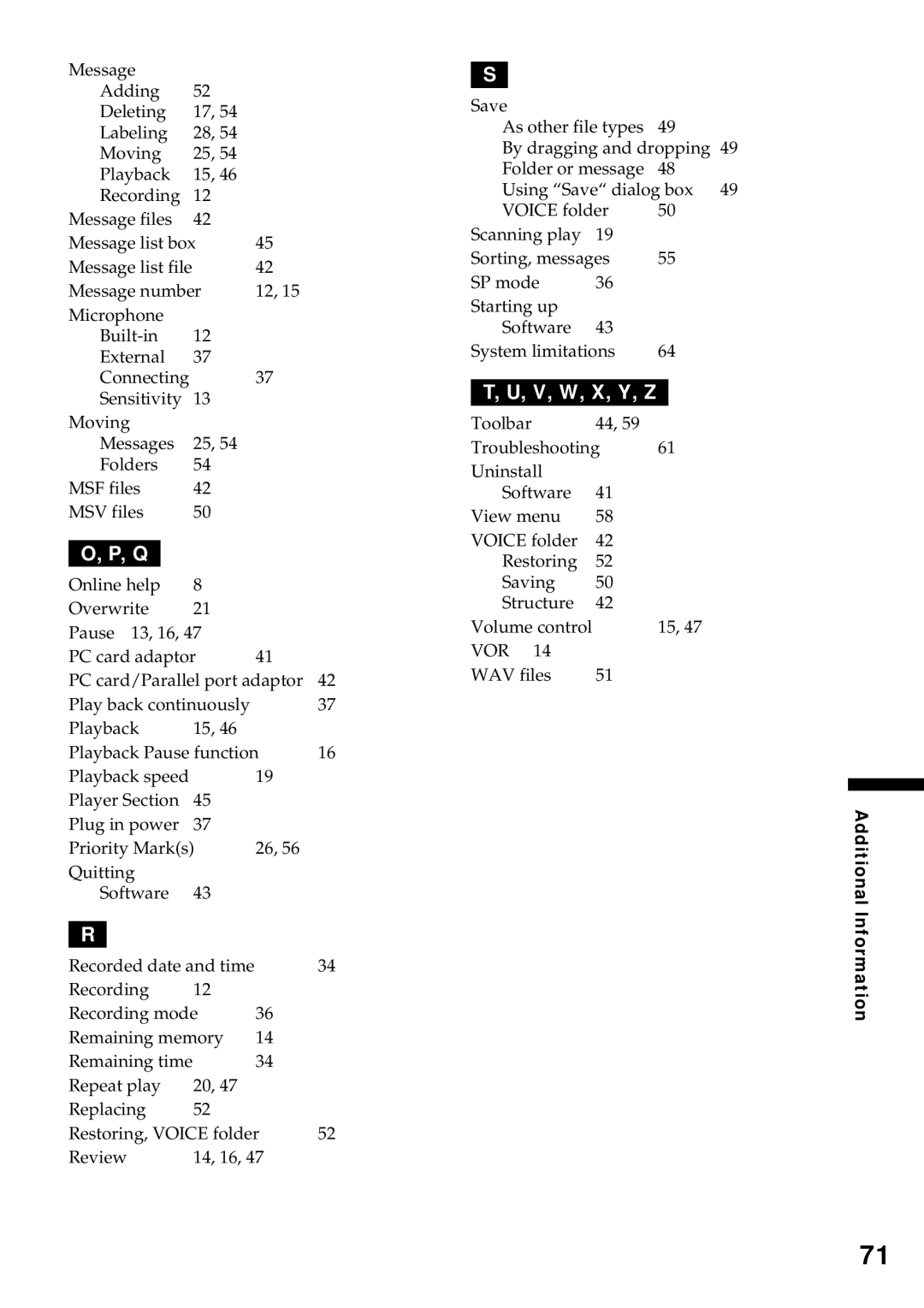 Sony ICD-MS1 operating instructions V, W, X, Y, Z 