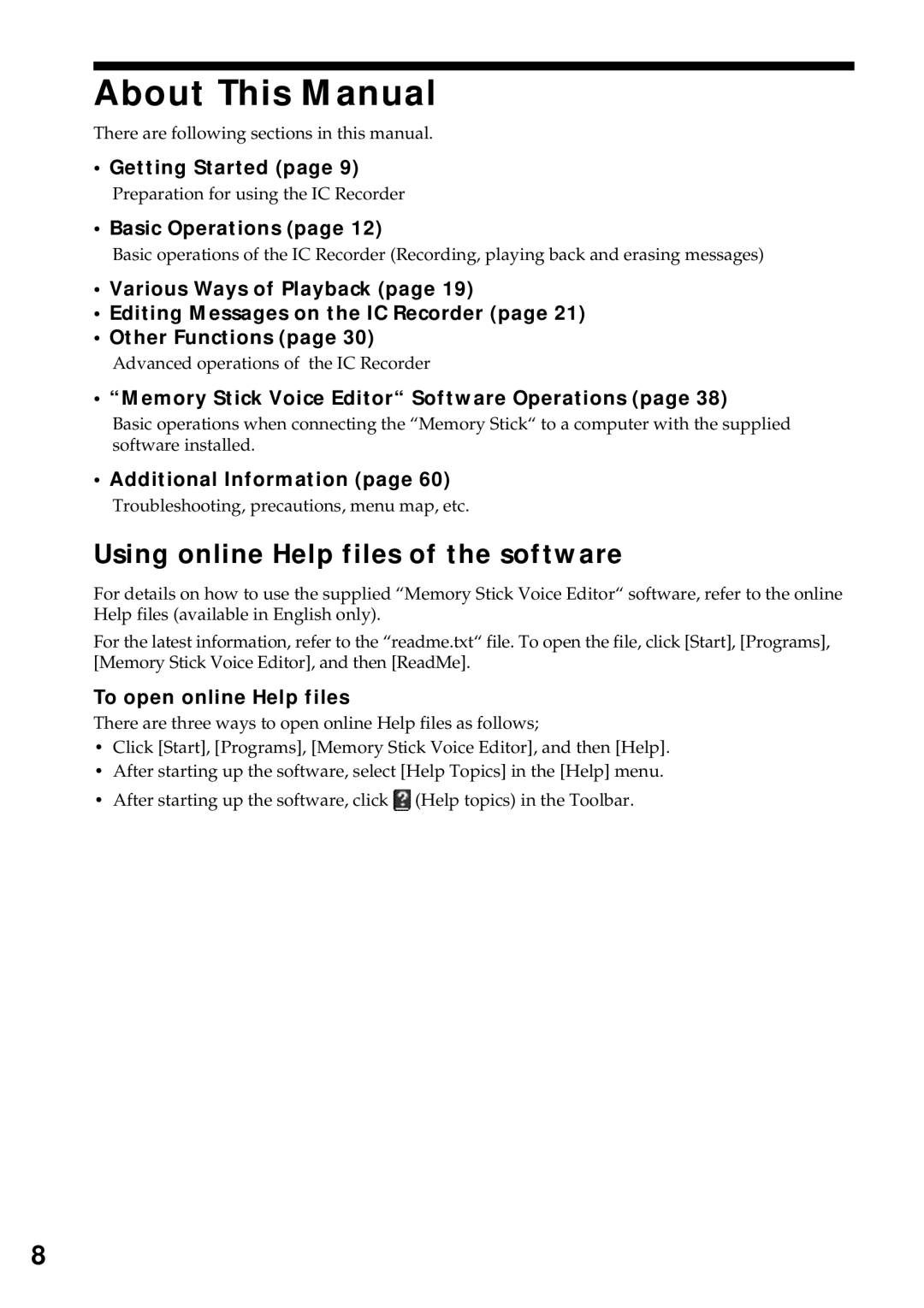 Sony ICD-MS1 operating instructions About This Manual, Using online Help files of the software 