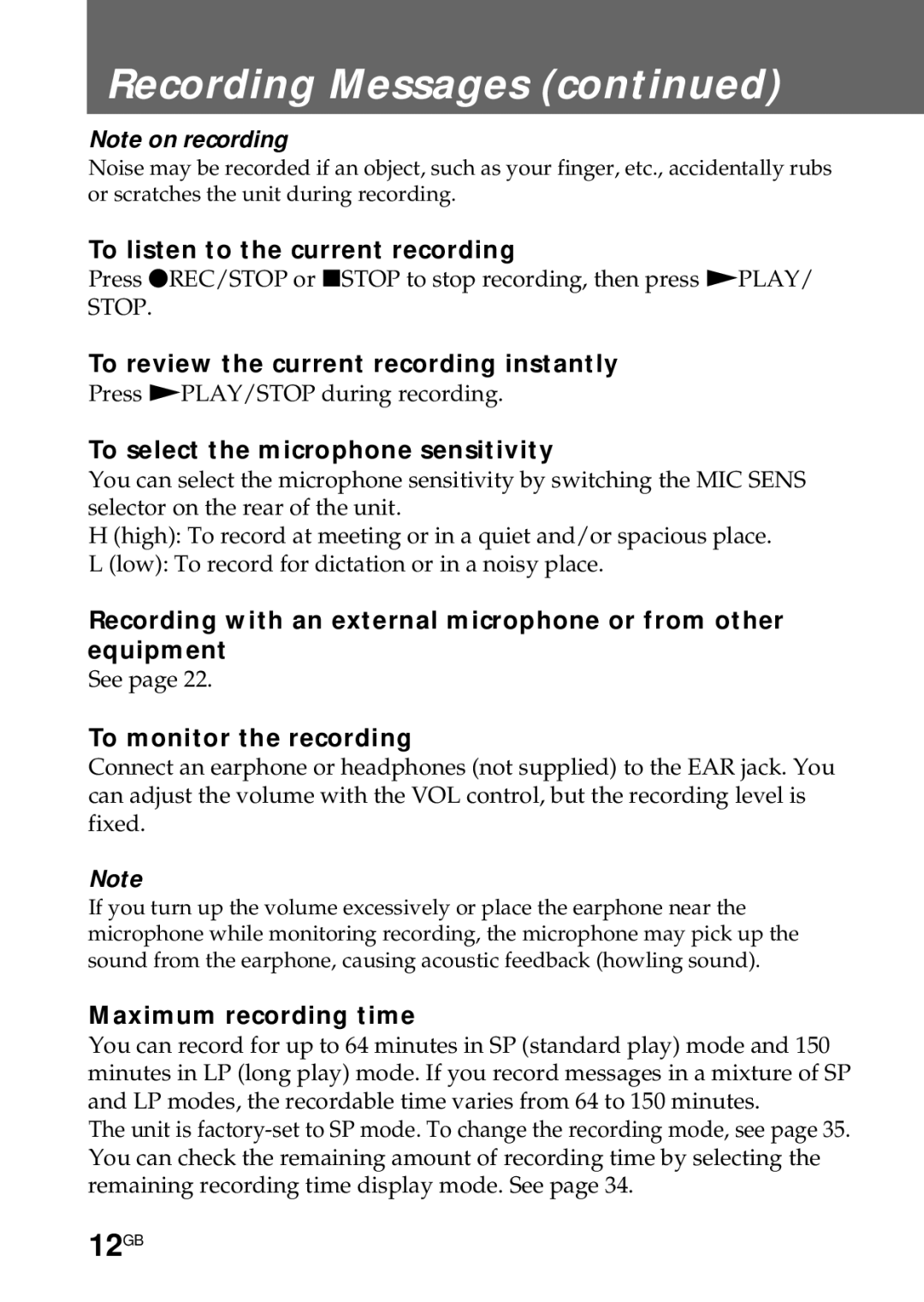 Sony ICD-R100PC operating instructions 12GB 