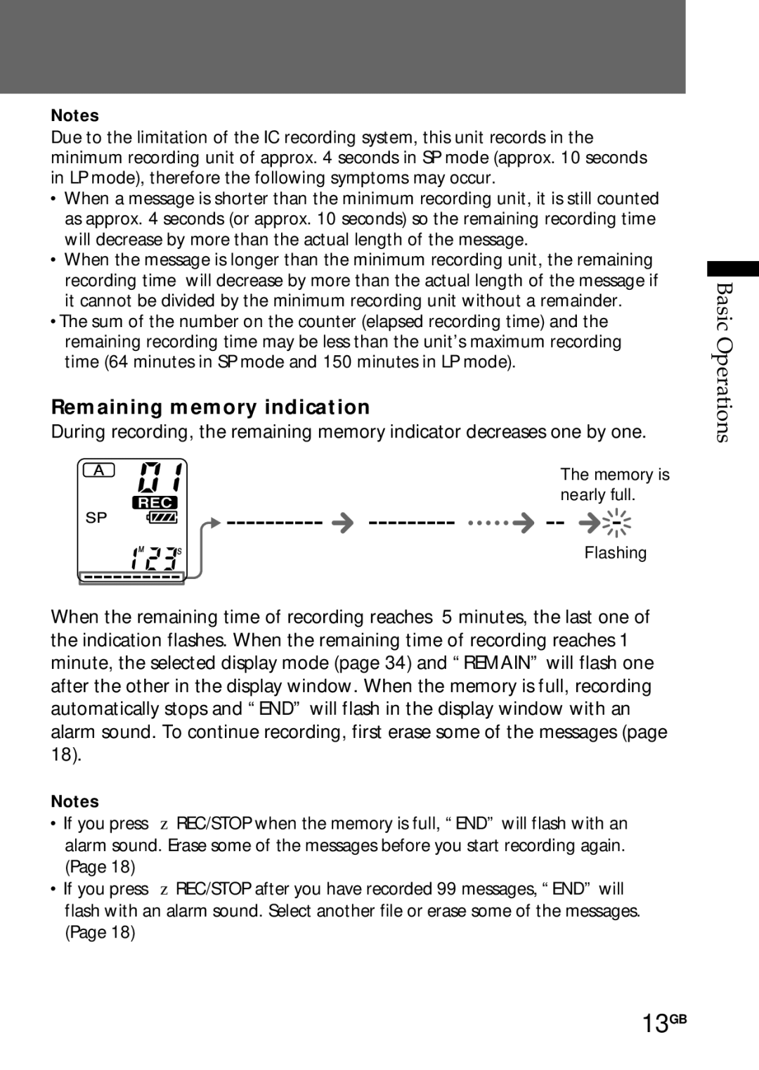 Sony ICD-R100PC operating instructions 13GB, Remaining memory indication 