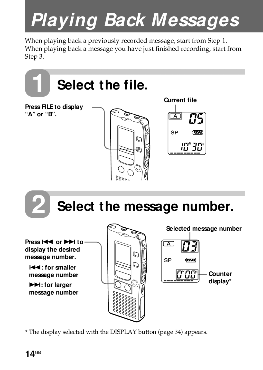 Sony ICD-R100PC operating instructions Select the message number, 14GB 