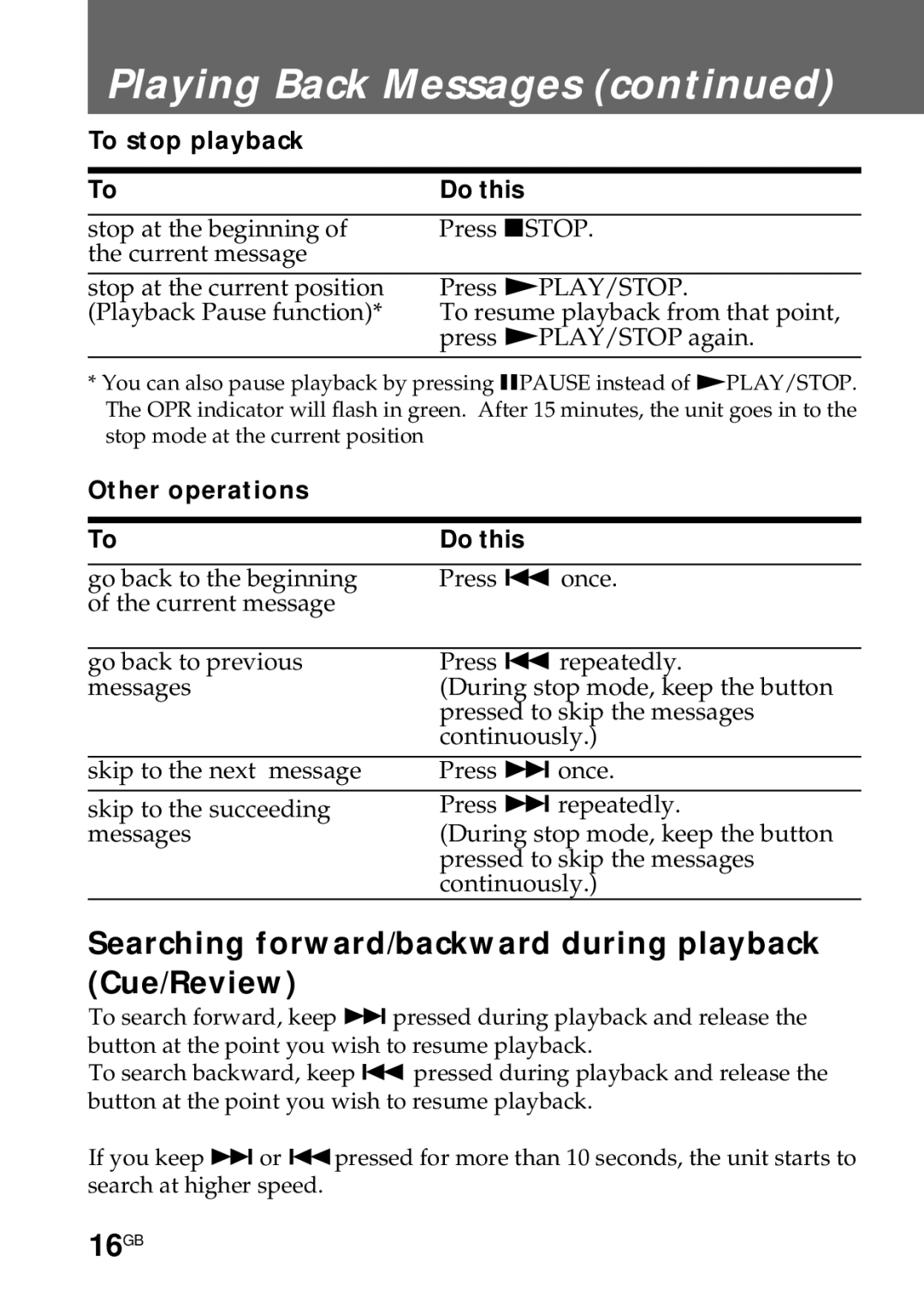 Sony ICD-R100PC Searching forward/backward during playback Cue/Review, 16GB, To stop playback Do this 