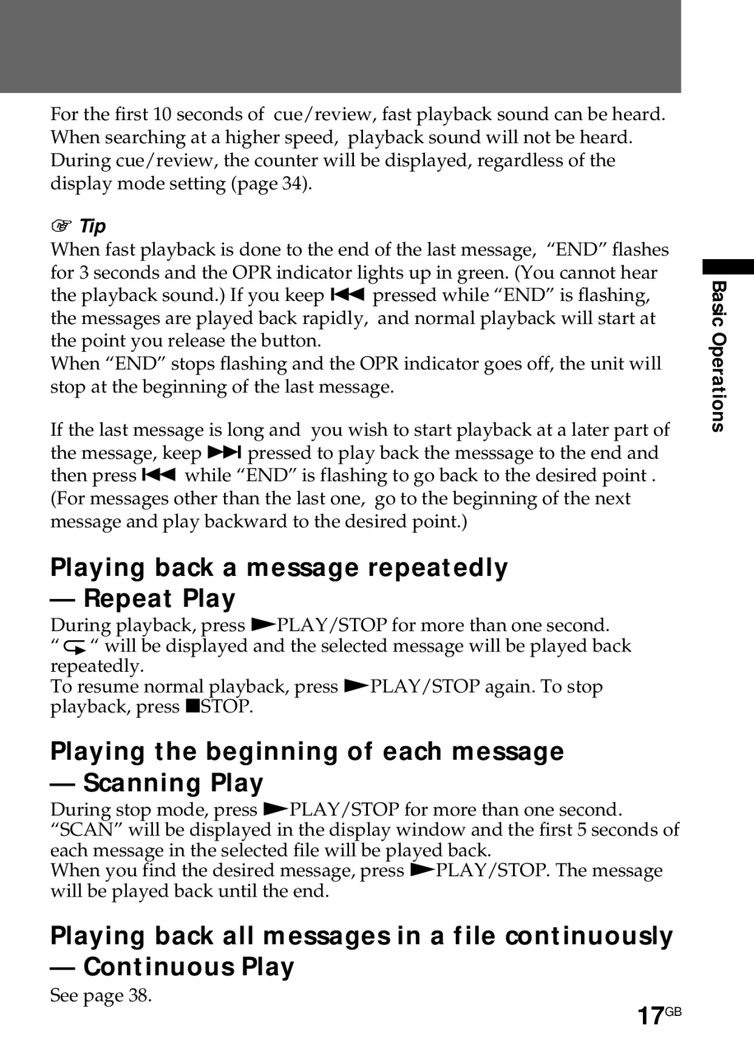 Sony ICD-R100PC Playing back a message repeatedly Repeat Play, Playing the beginning of each message Scanning Play, 17GB 