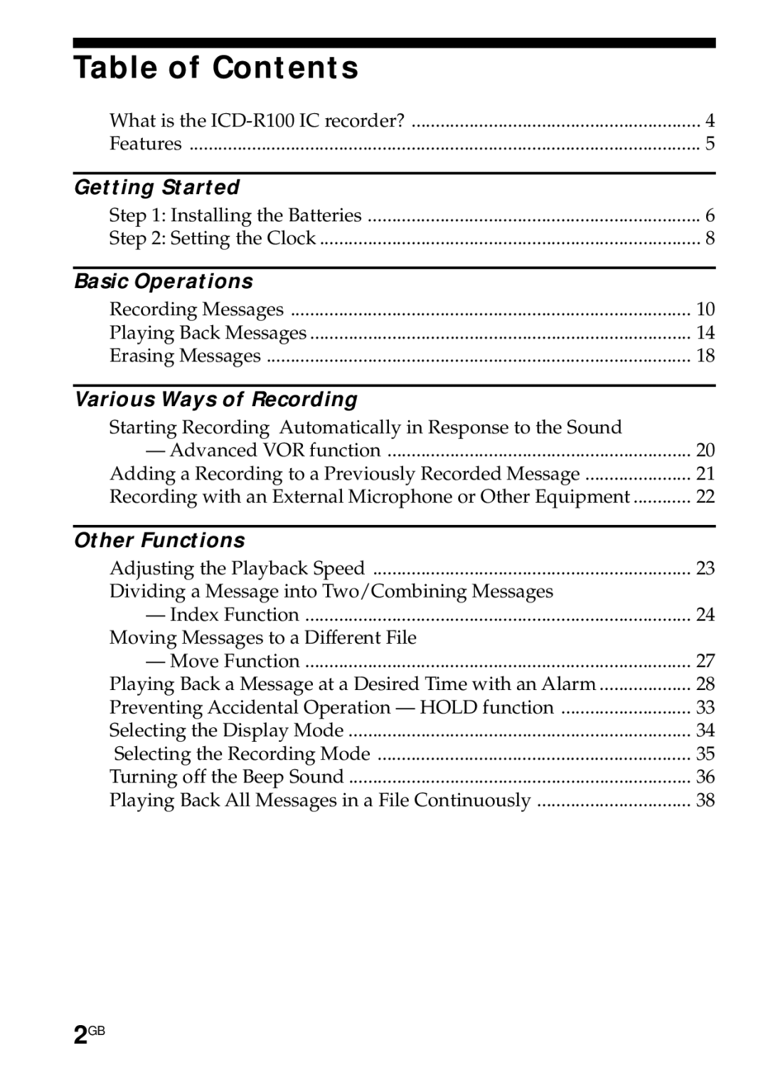 Sony ICD-R100PC operating instructions Table of Contents 