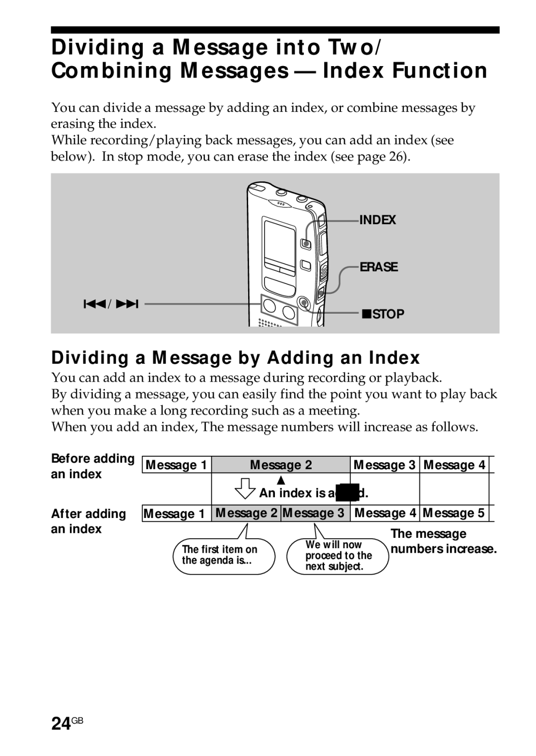 Sony ICD-R100PC operating instructions Dividing a Message by Adding an Index, 24GB 