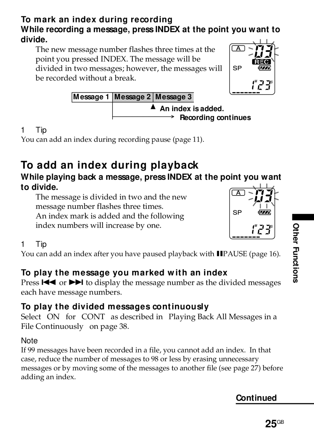 Sony ICD-R100PC operating instructions To add an index during playback, 25GB, To play the message you marked with an index 