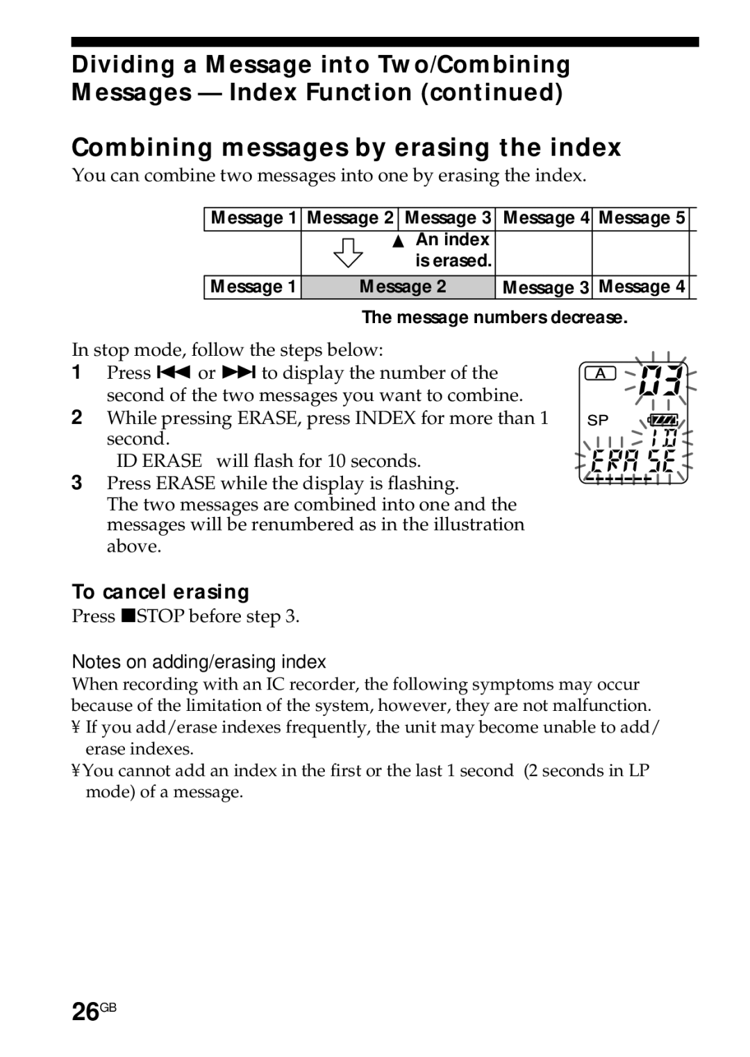 Sony ICD-R100PC operating instructions 26GB, You can combine two messages into one by erasing the index 