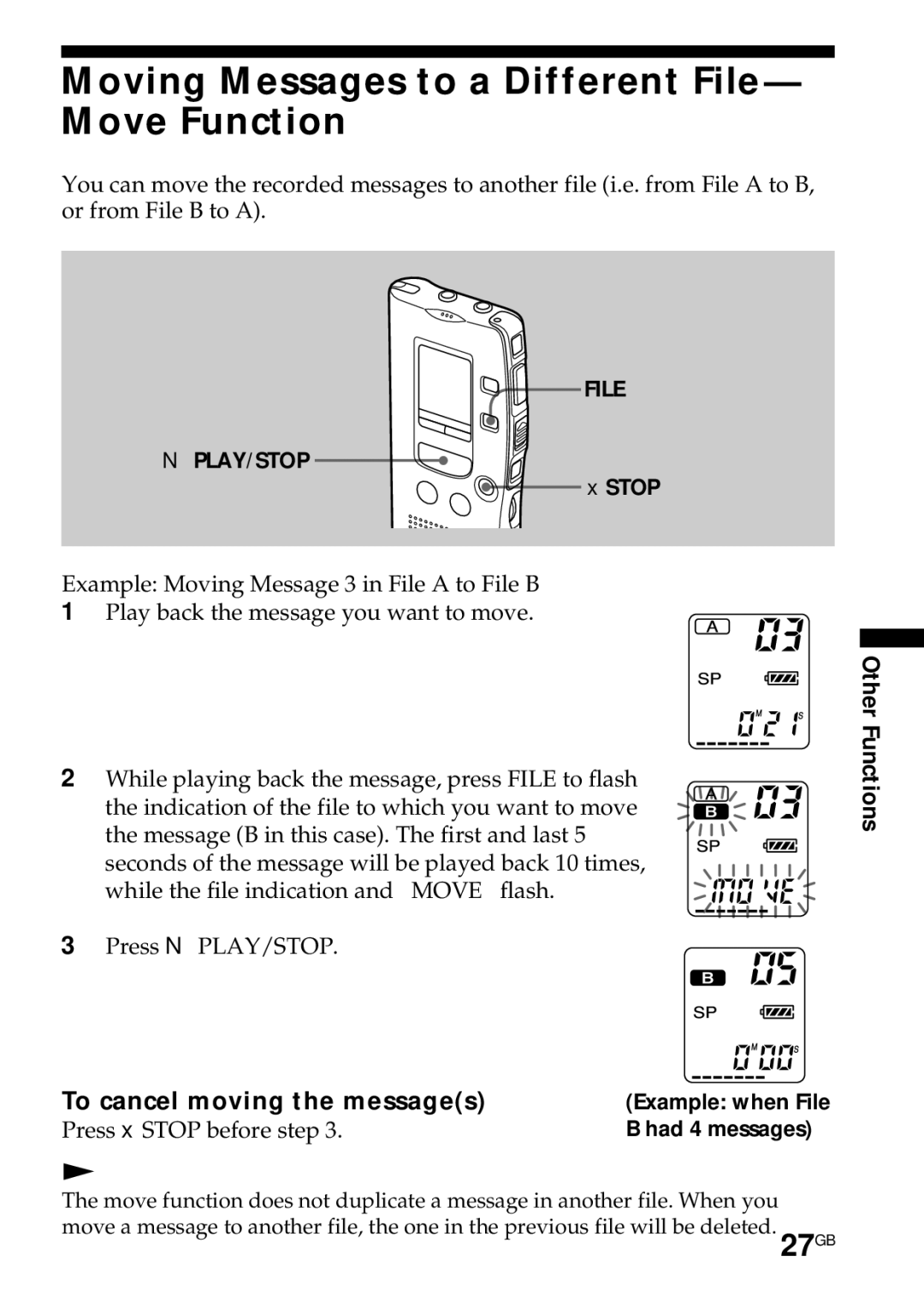 Sony ICD-R100PC Moving Messages to a Different File- Move Function, Other Functions To cancel moving the messages 