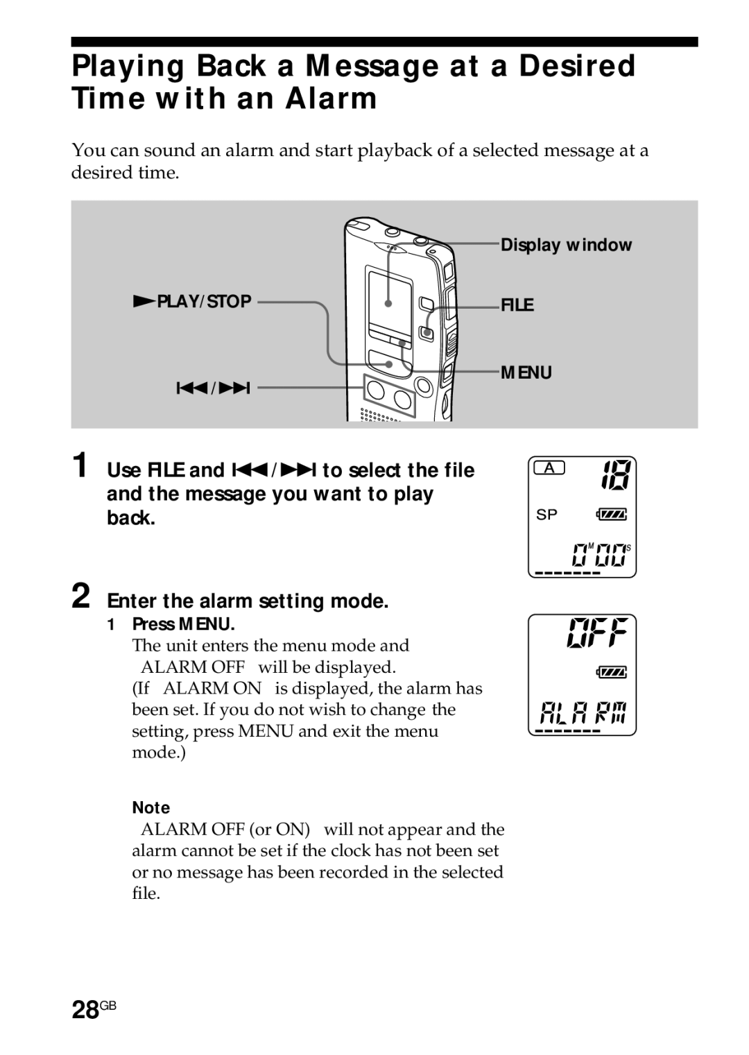 Sony ICD-R100PC operating instructions Playing Back a Message at a Desired Time with an Alarm, 28GB 