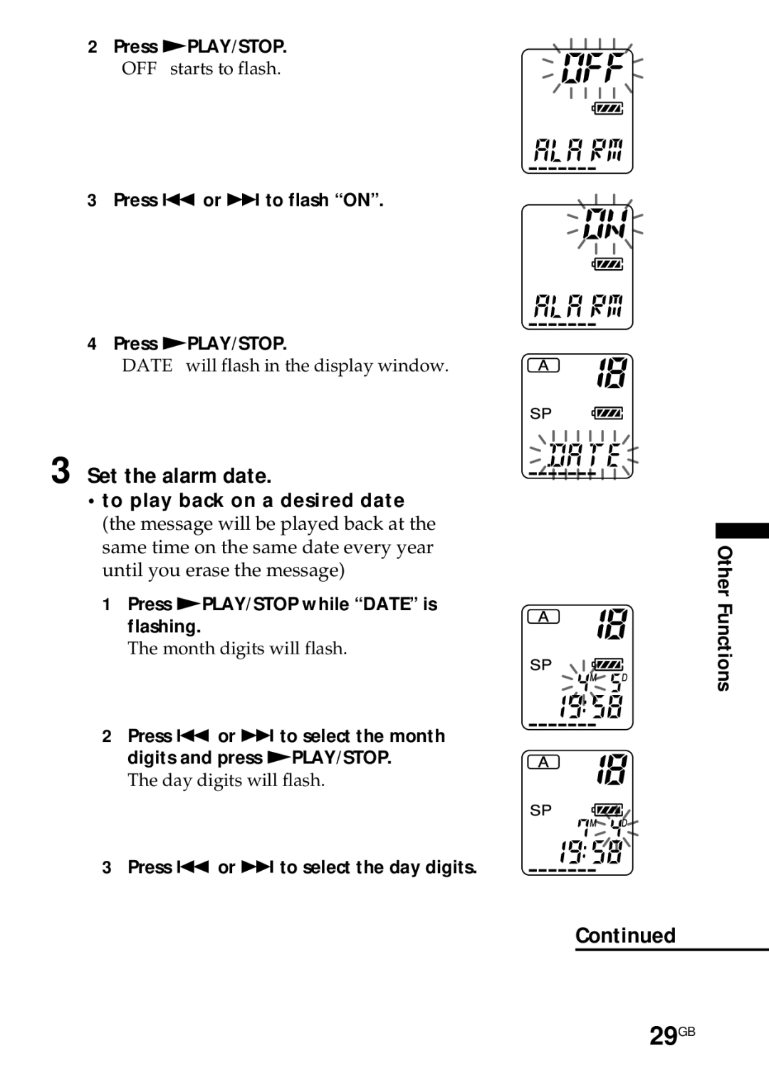 Sony ICD-R100PC operating instructions 29GB, Set the alarm date 