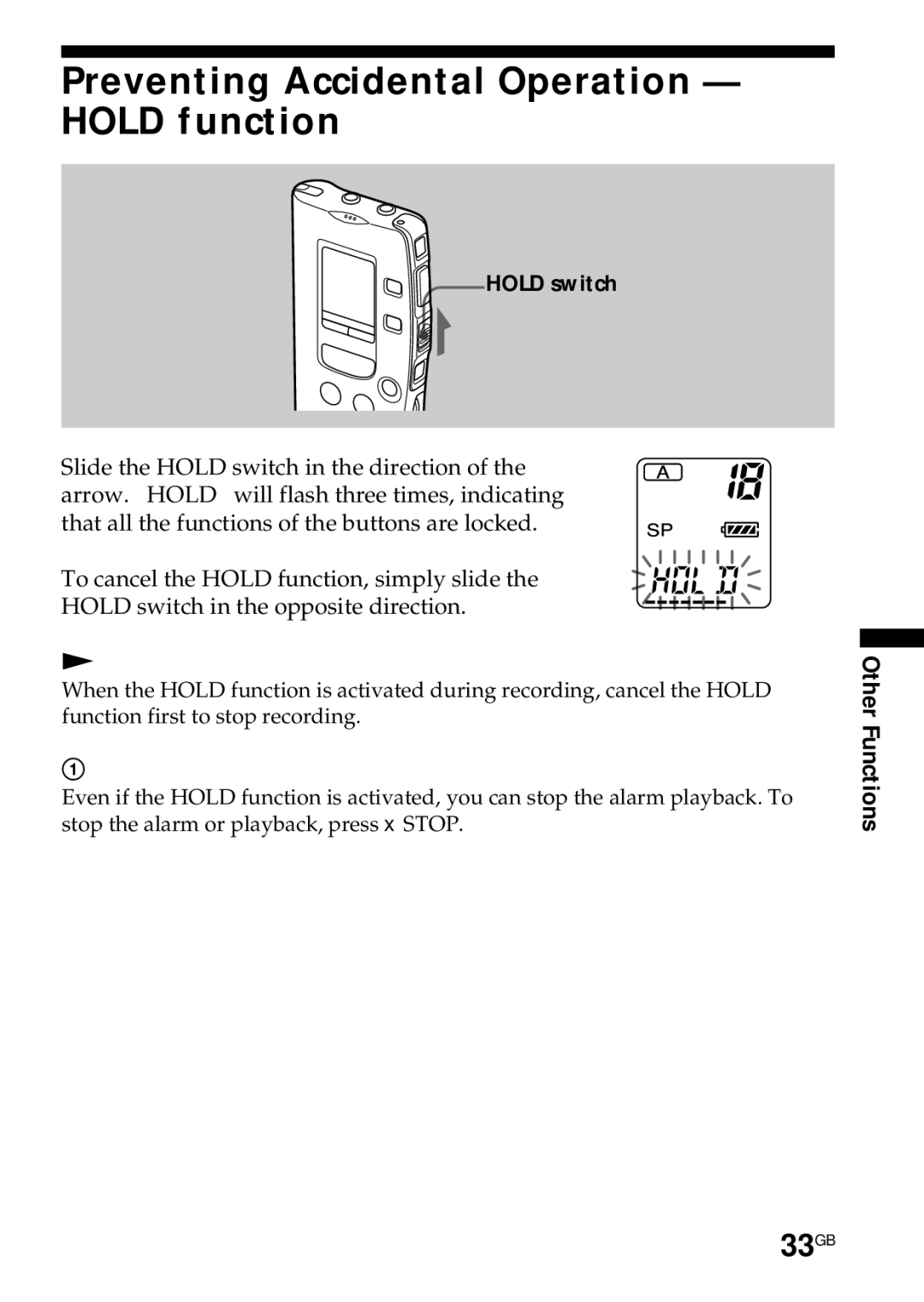 Sony ICD-R100PC operating instructions Preventing Accidental Operation Hold function, 33GB 