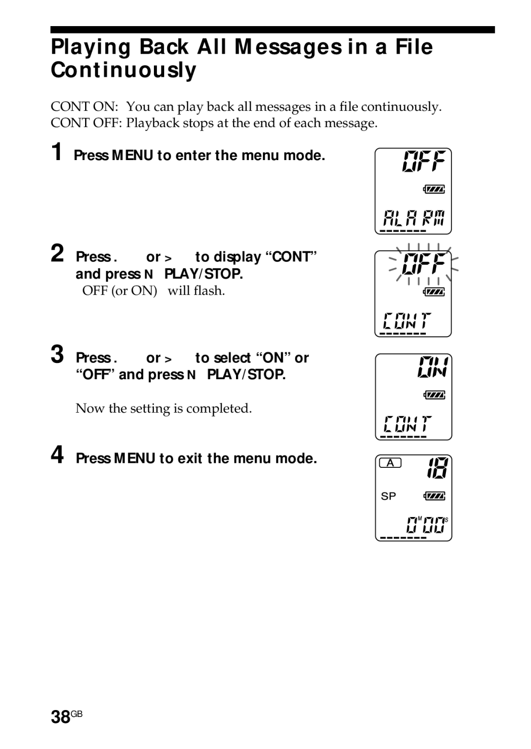 Sony ICD-R100PC operating instructions Playing Back All Messages in a File Continuously, 38GB 