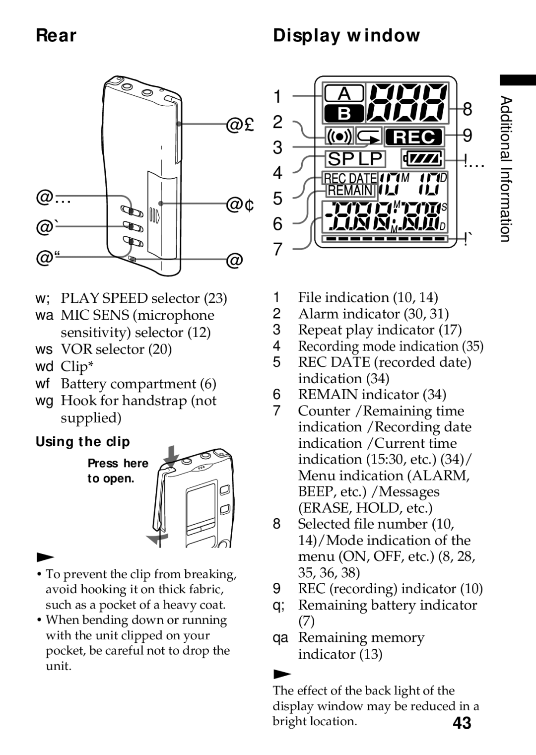 Sony ICD-R100PC operating instructions RearDisplay window, 43GB 