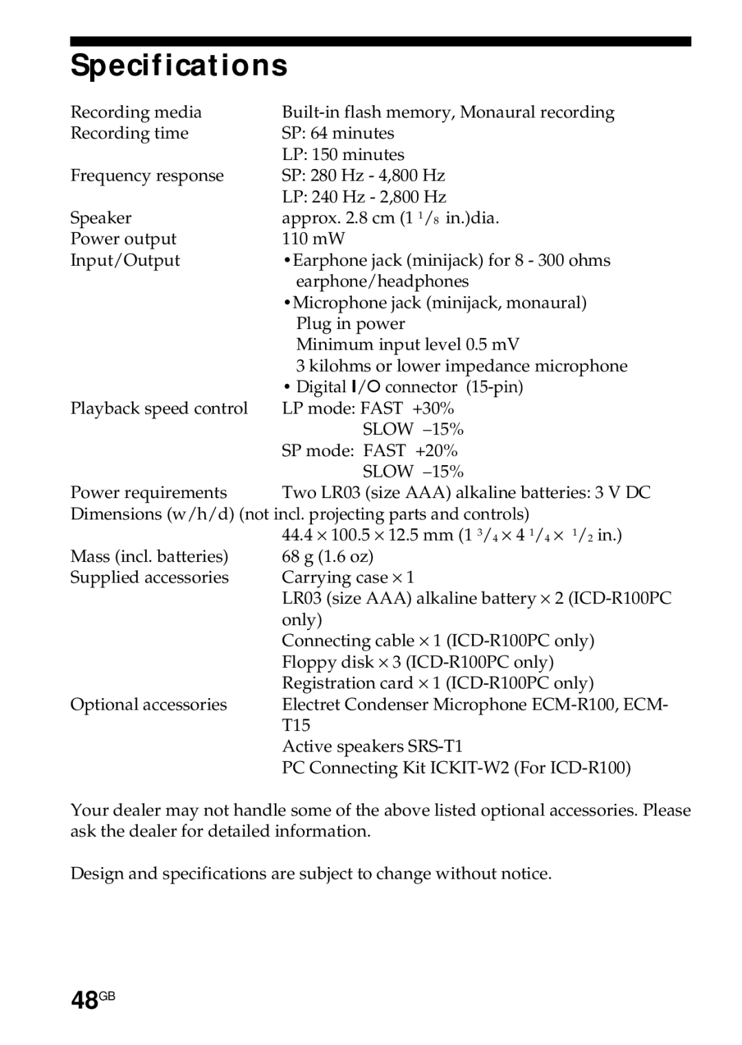 Sony ICD-R100PC operating instructions Specifications, 48GB 