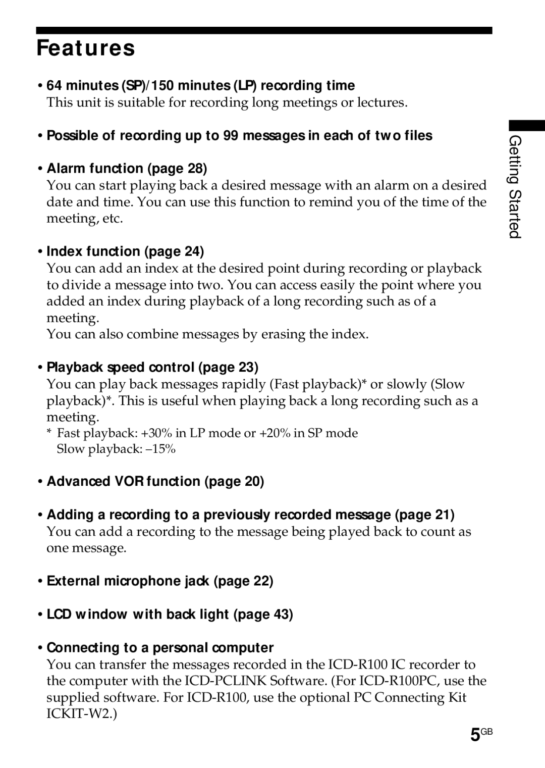 Sony ICD-R100PC operating instructions Features, Getting Started 