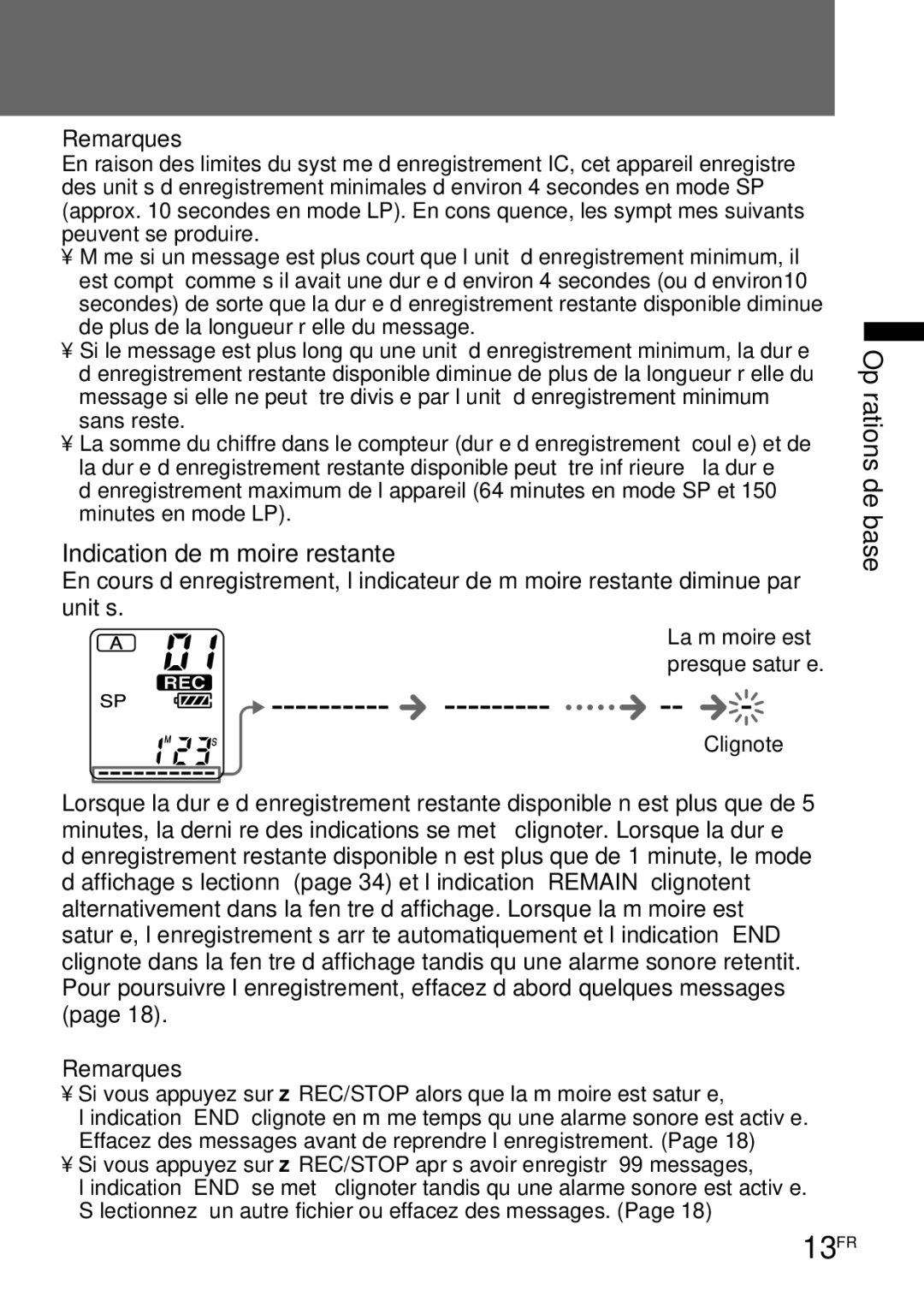 Sony ICD-R100PC operating instructions 13FR, Indication de mémoire restante 