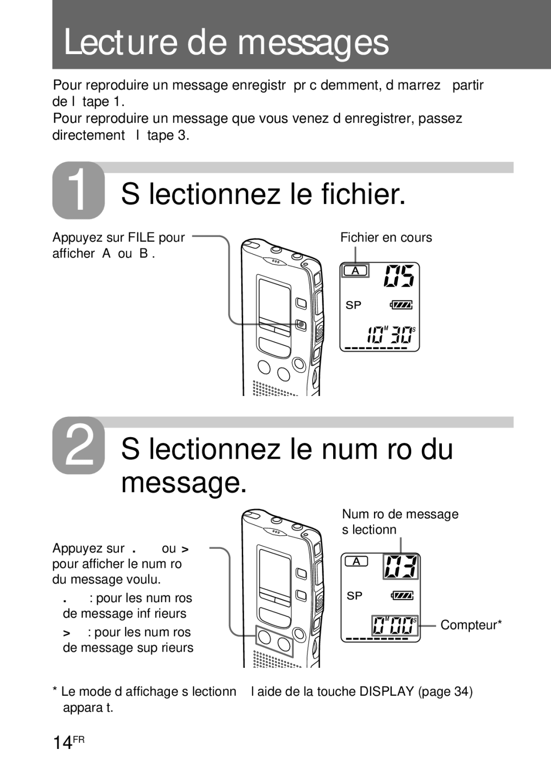 Sony ICD-R100PC operating instructions Sélectionnez le numéro du message, 14FR 