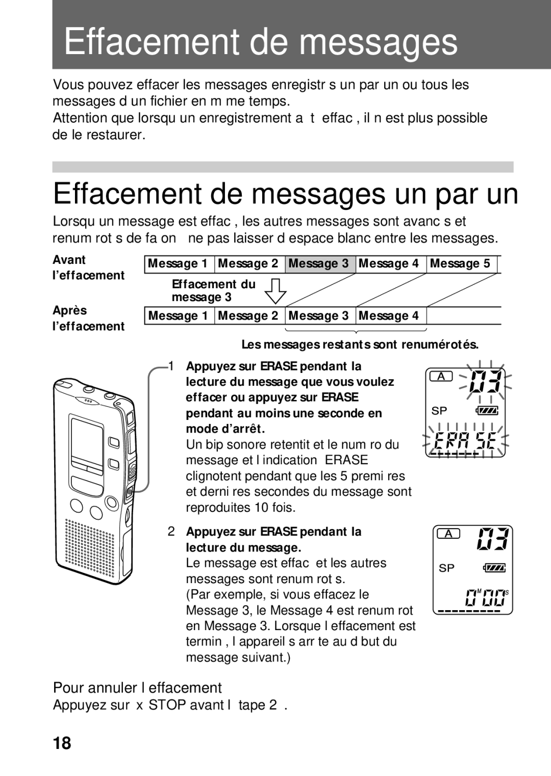 Sony ICD-R100PC operating instructions Effacement de messages un par un, 18FR, Pour annuler l’effacement 