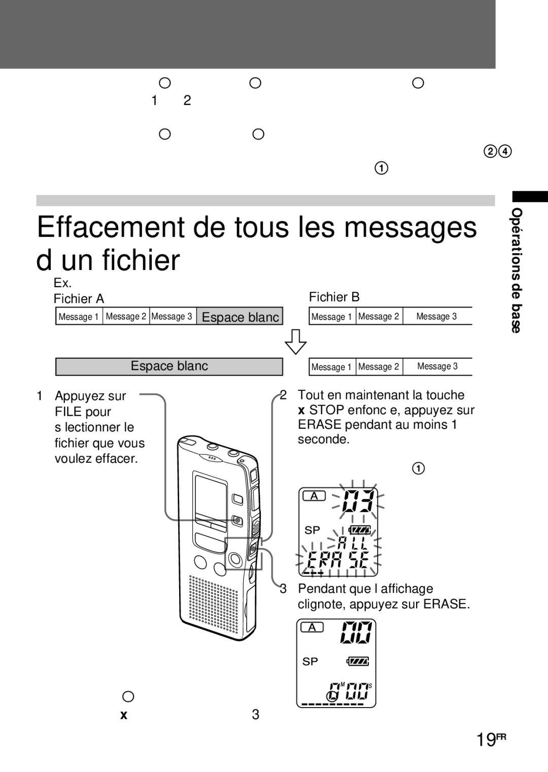 Sony ICD-R100PC operating instructions Effacement de tous les messages d’un fichier, 19FR, Pour effacer d’autres messages 