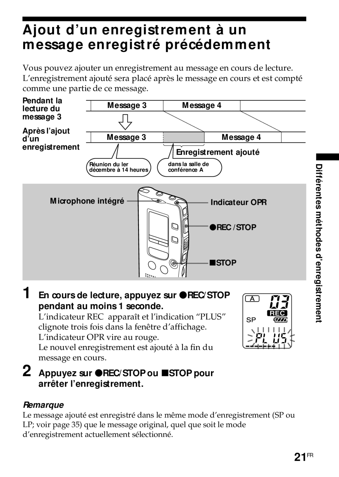 Sony ICD-R100PC operating instructions 21FR, Différentes méthodes d’enregistrement 