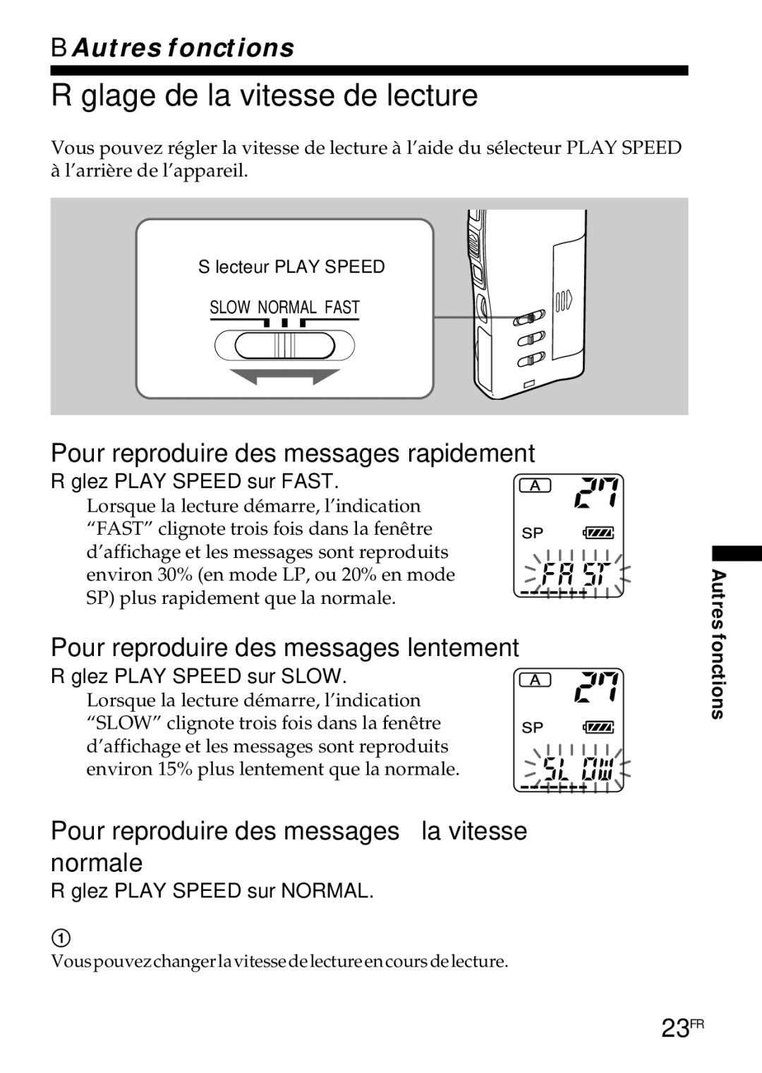 Sony ICD-R100PC operating instructions Réglage de la vitesse de lecture, Pour reproduire des messages rapidement, 23FR 