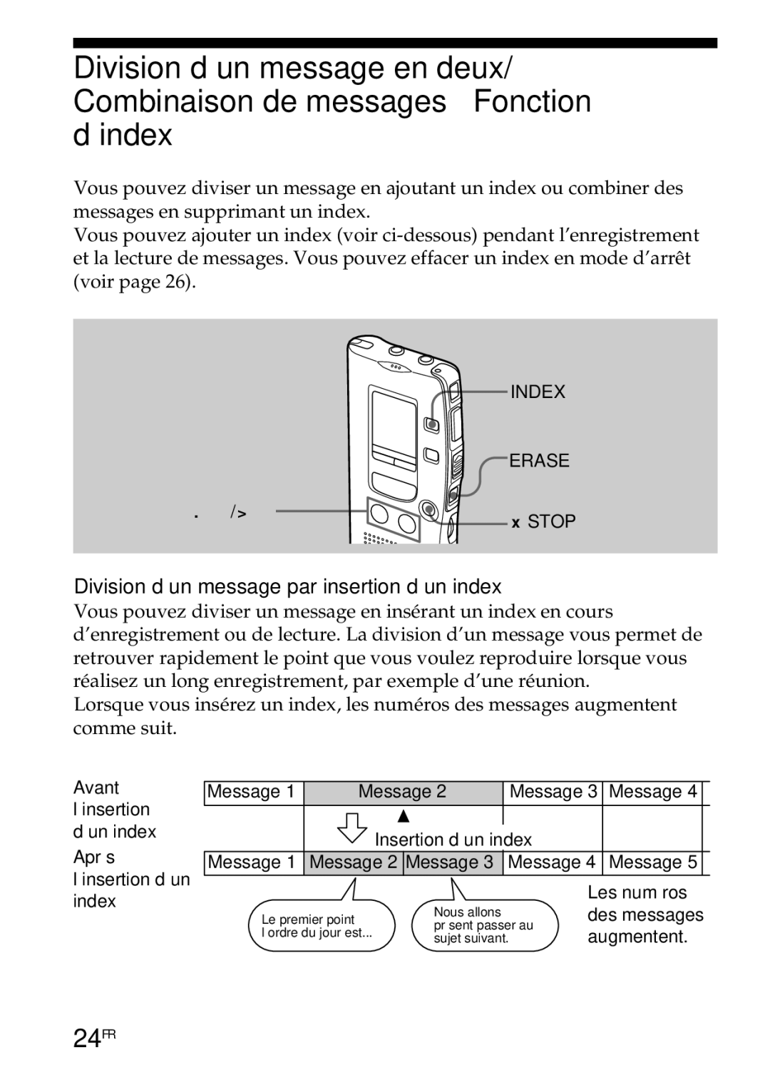 Sony ICD-R100PC operating instructions 24FR, Division d’un message par insertion d’un index 