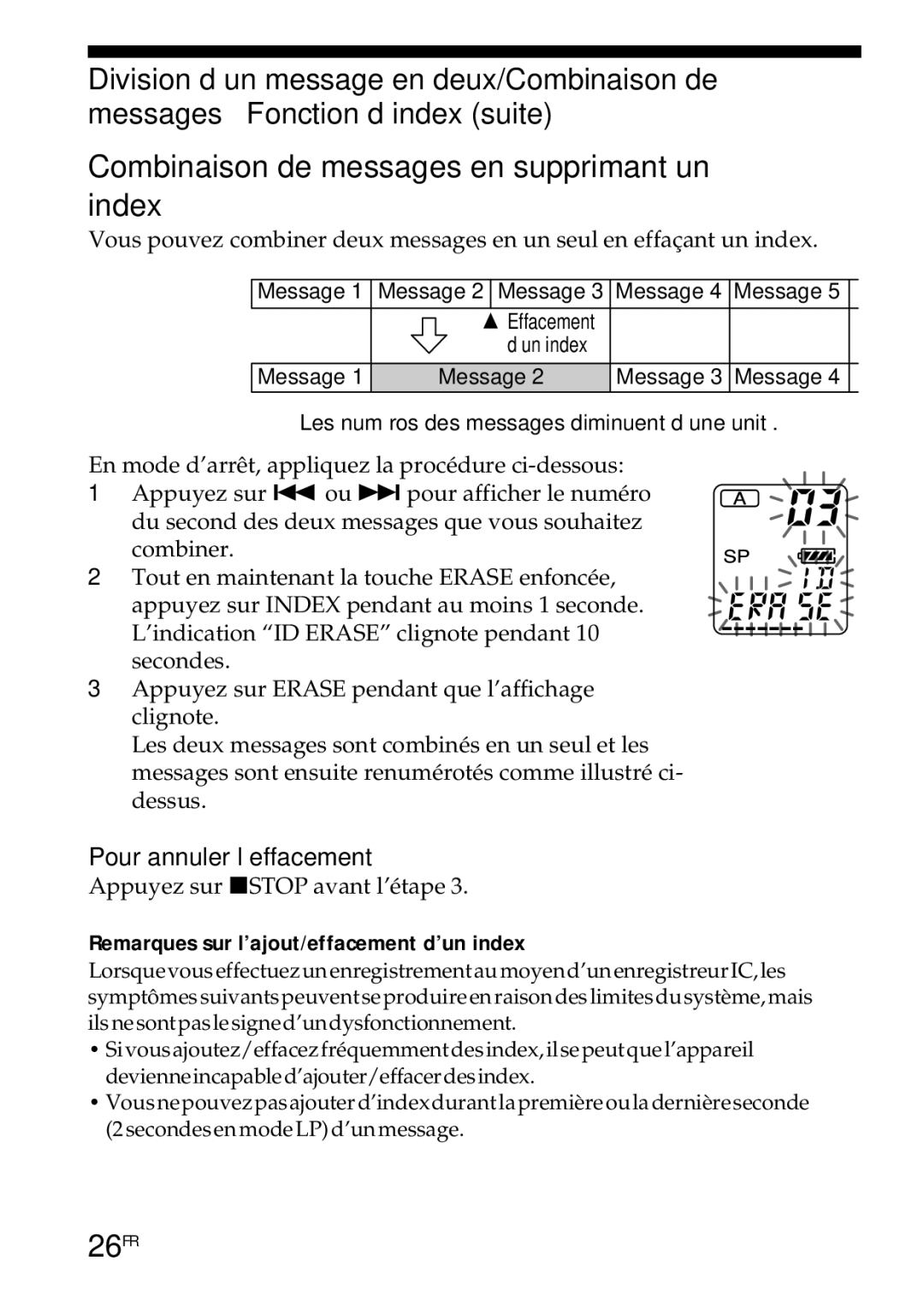 Sony ICD-R100PC operating instructions 26FR, Remarques sur l’ajout/effacement d’un index 