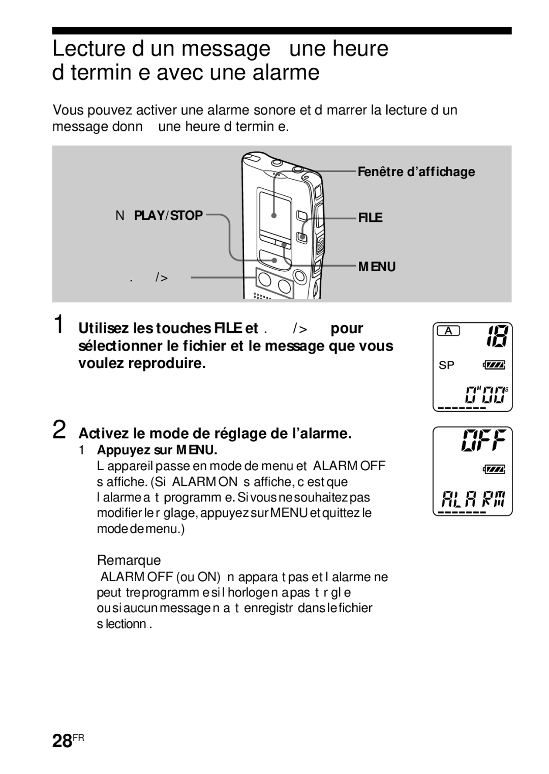 Sony ICD-R100PC operating instructions Lecture d’un message à une heure déterminée avec une alarme, 28FR 